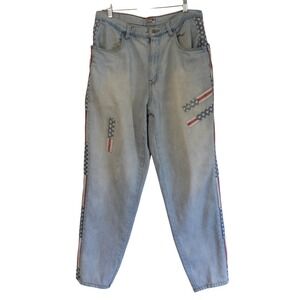 Vintage 90s Bugle Boy Western Wear American Flag Patchwork Jeans Lt Wash 32x31